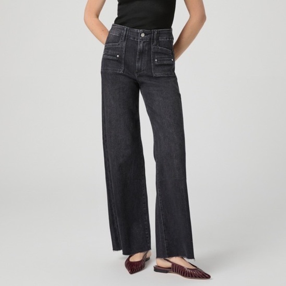 PAIGE Anessa High Rise Wide Leg Jeans Jasper Black Raw Hem 25 DNMK48